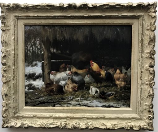 E.R.Maes - Hen, Rooster and duck in the snowy stable - Image 2