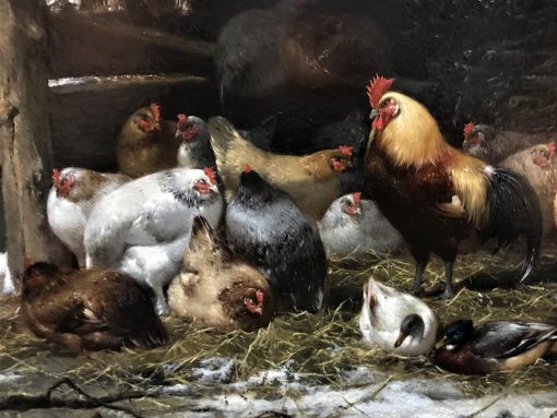 E.R.Maes - Hen, Rooster and duck in the snowy stable - Image 3