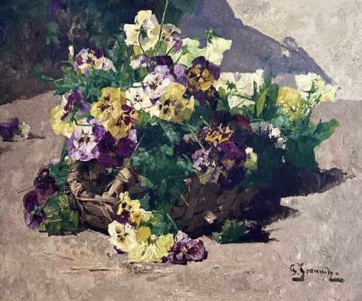 Yellow and purple pansies in a basket
