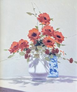 Still life with a vase of red flowers,