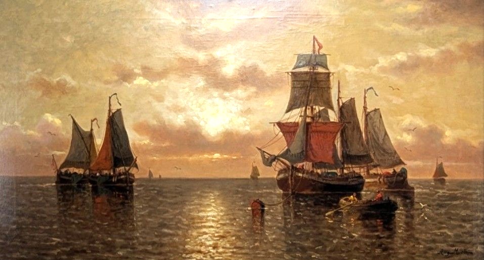 2 large boats in foreground and a rowboat