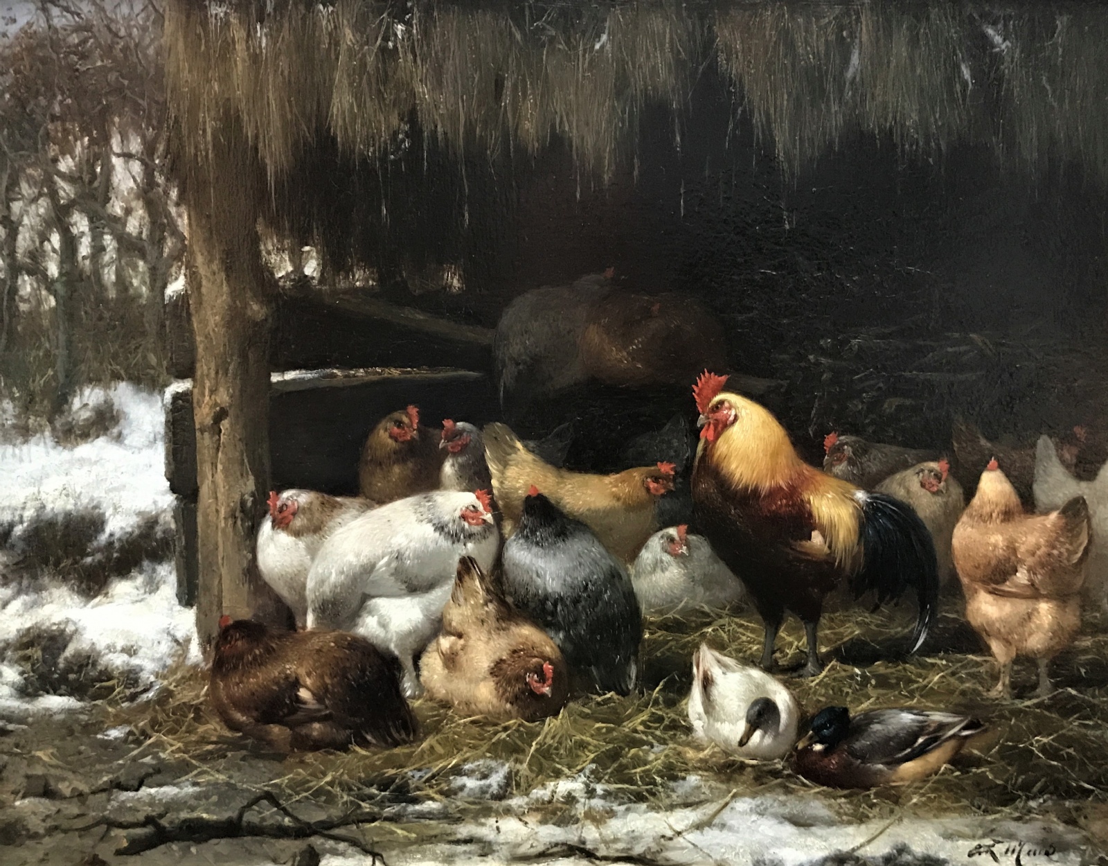 E.R.Maes - Hen, Rooster and duck in the snowy stable