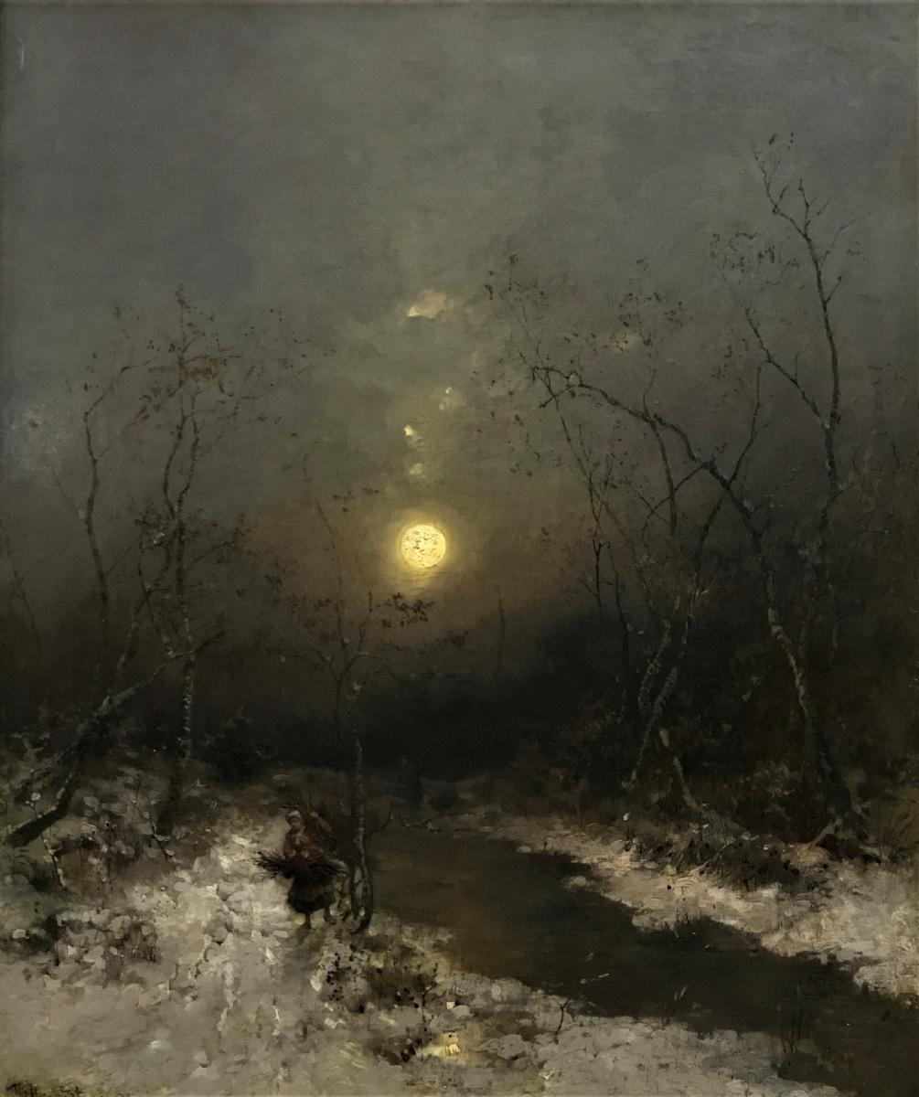 Wintery River landscape with brushwood collector
