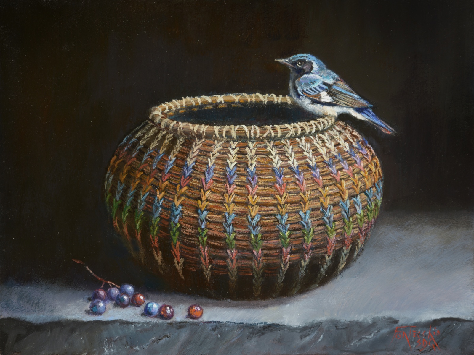 Sweetgrass Basket, Muscadine Grapes, and Black-throated Warbler