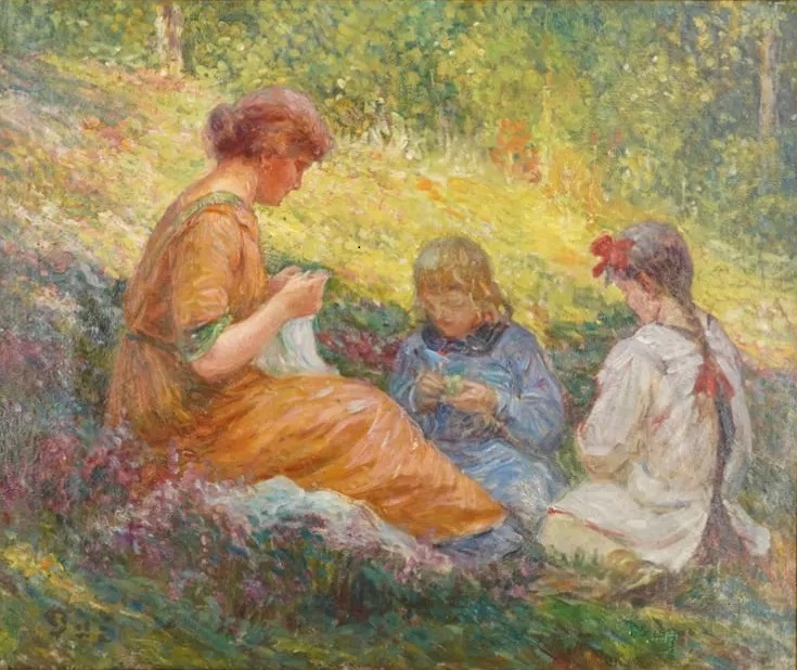 Young women sewing in the garden